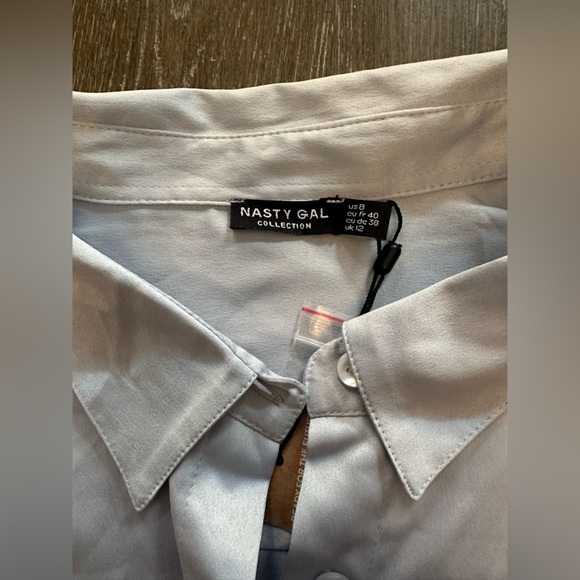 NWT NASTY GAL SATIN OVERSIZED TWO PIECE PAJAMA DUSTY BLUE - Size 8 SKU:562 - Picture 4 of 9